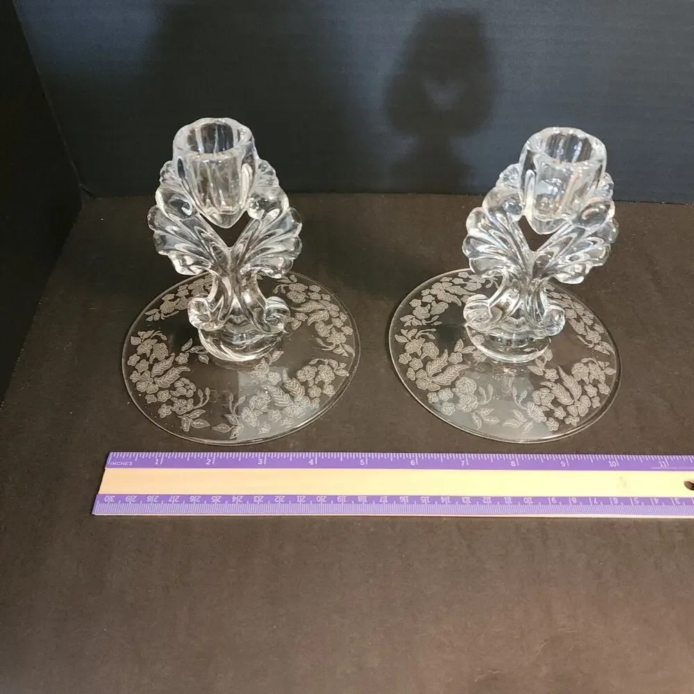 Florentine New Martinsville Pair Candlesticks Etched Elegant Depression Glass
